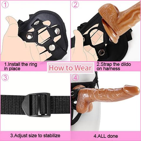 Strap on Dildo with Harness, Wearable Realistic Dildo Body-Safe Material with Strong Suction Cup, Anal Vagina G Spot Stimulator, Adult Sex Toys for Women Lesbian Couple Gay Men Beginner (Brown)