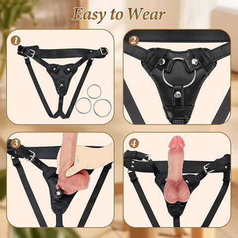 Strap on Dildo with Harness Adult Sex Toys - Adjustable Leather Strapon Harness with 9.45" Huge Silicone Anal Dildo, Detachable Suction Cup Penis for Lesbian Gay Couples Pegging Adult Toy & Games